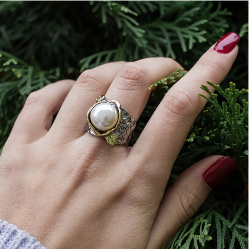 NEW Italian Jewelry Olivine Pearl Ring - Picture 10 of 14